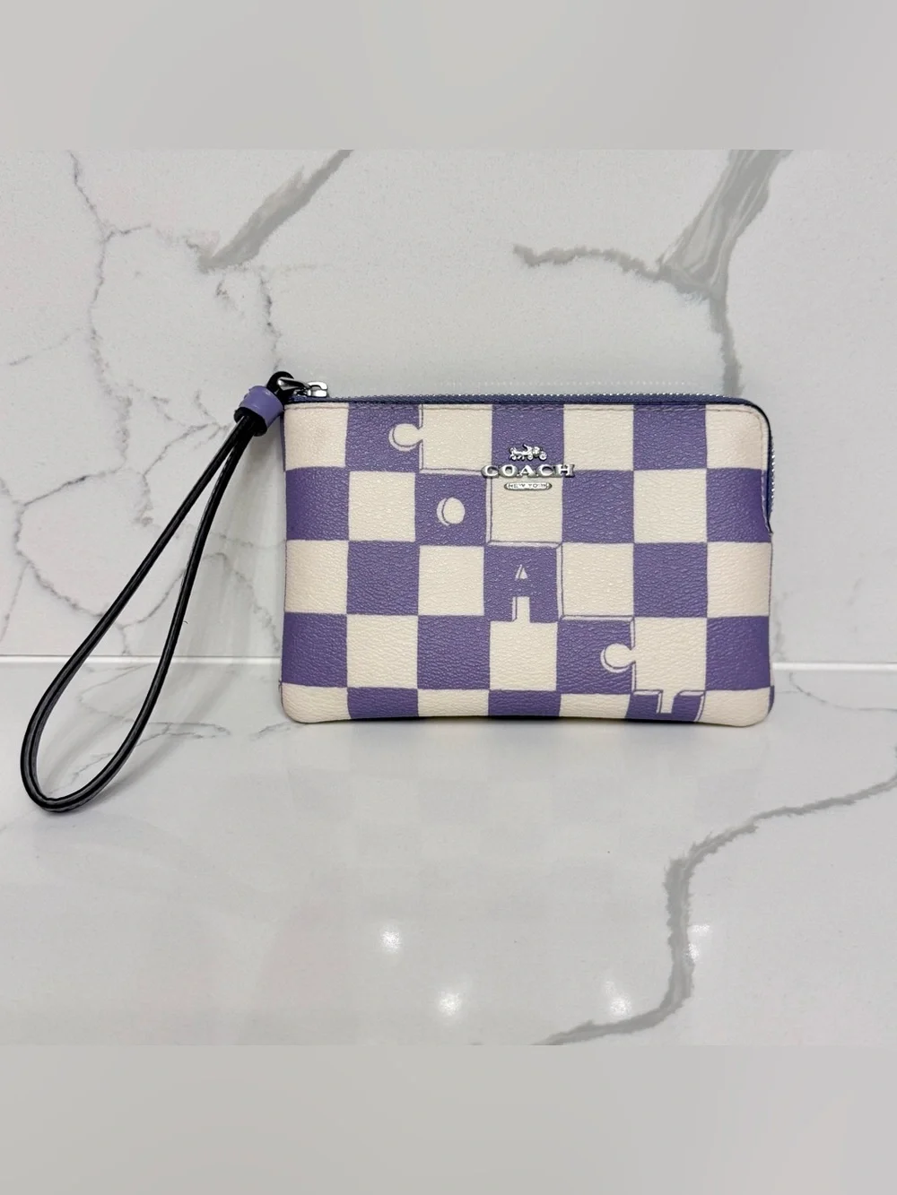 Coach Corner Zip Wristlet in Checkerboard Print Light Violet Chalk CR813